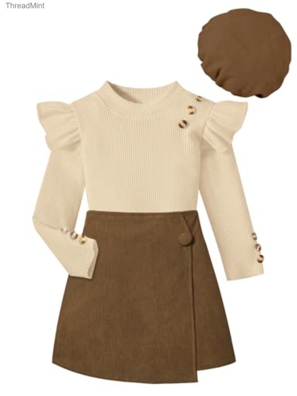 Girls Ruffle Top Skirt Set with Beret - 3 Piece Outfit Cotton Blend